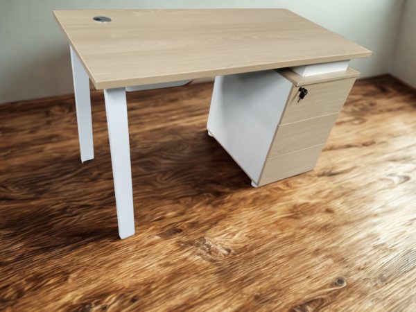 a desk with a drawer on a wooden floor