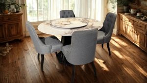 Elegant Marble Round Dining Set with Lazy Susan and Grey Upholstered Chairs
