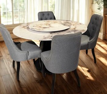 Neilan Furniture Shop in Kenya 47 Elegant Marble Round Dining Set with Lazy Susan and Grey Upholstered Chairs