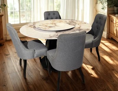 Elegant Marble Round Dining Set with Lazy Susan and Grey Upholstered Chairs
