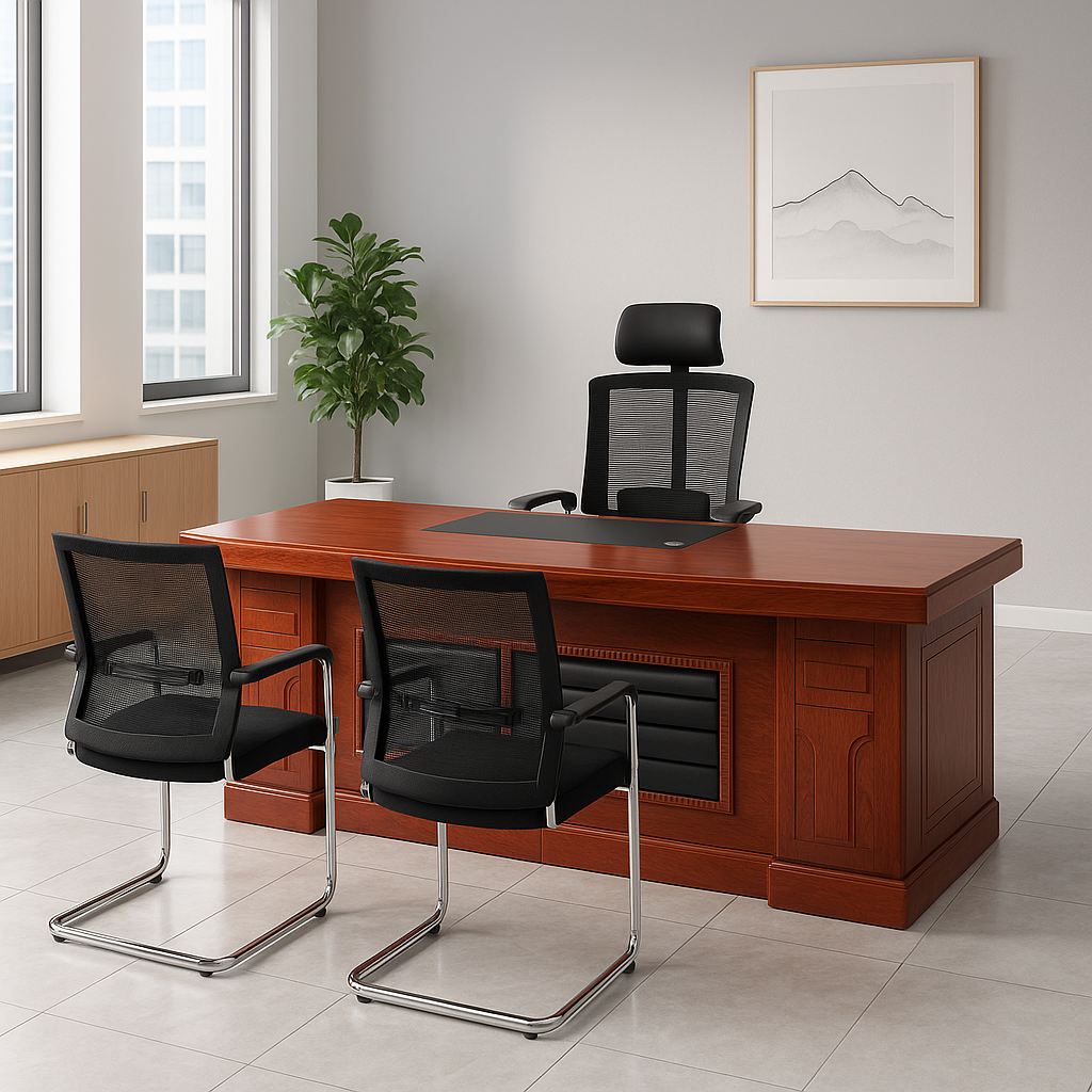 Executive Office Setup: 1600mm Desk + Orthopedic Chair + 2 Waiting Chairs