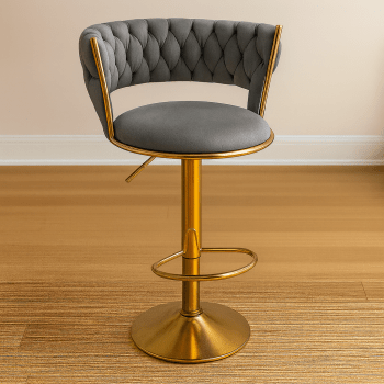 Grey Velvet Adjustable Bar Stool (Gold Finish)